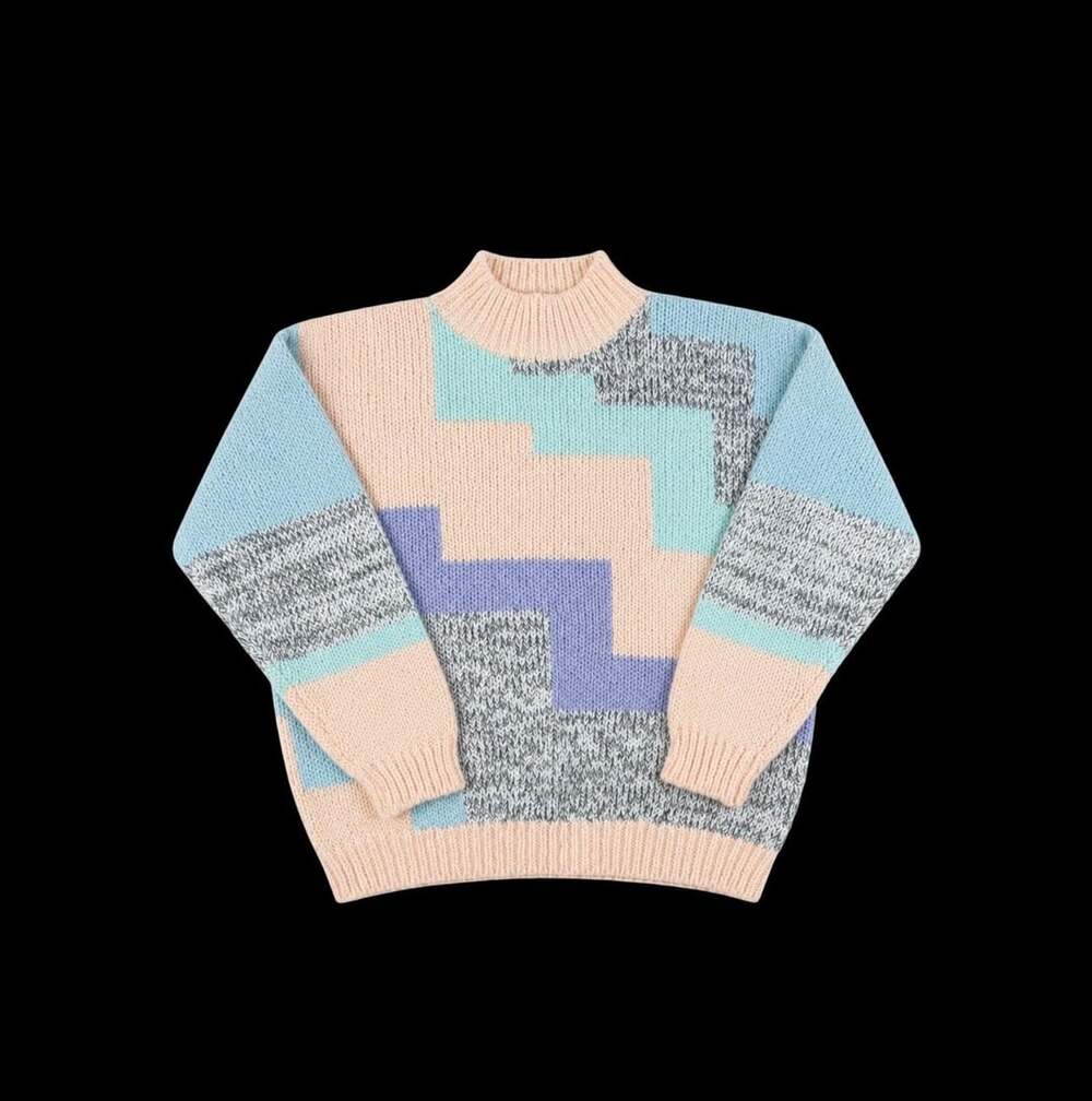 Vintage Pastel Block Knit Mock Neck Sweater one step up